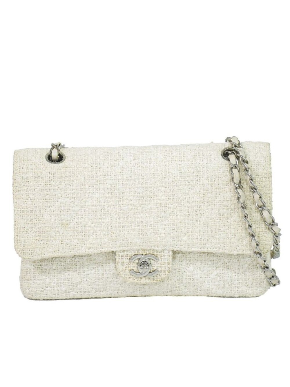 Chanel CC Logo Quilted 25 Double Flap Chain Shoulder Bag Tweed White